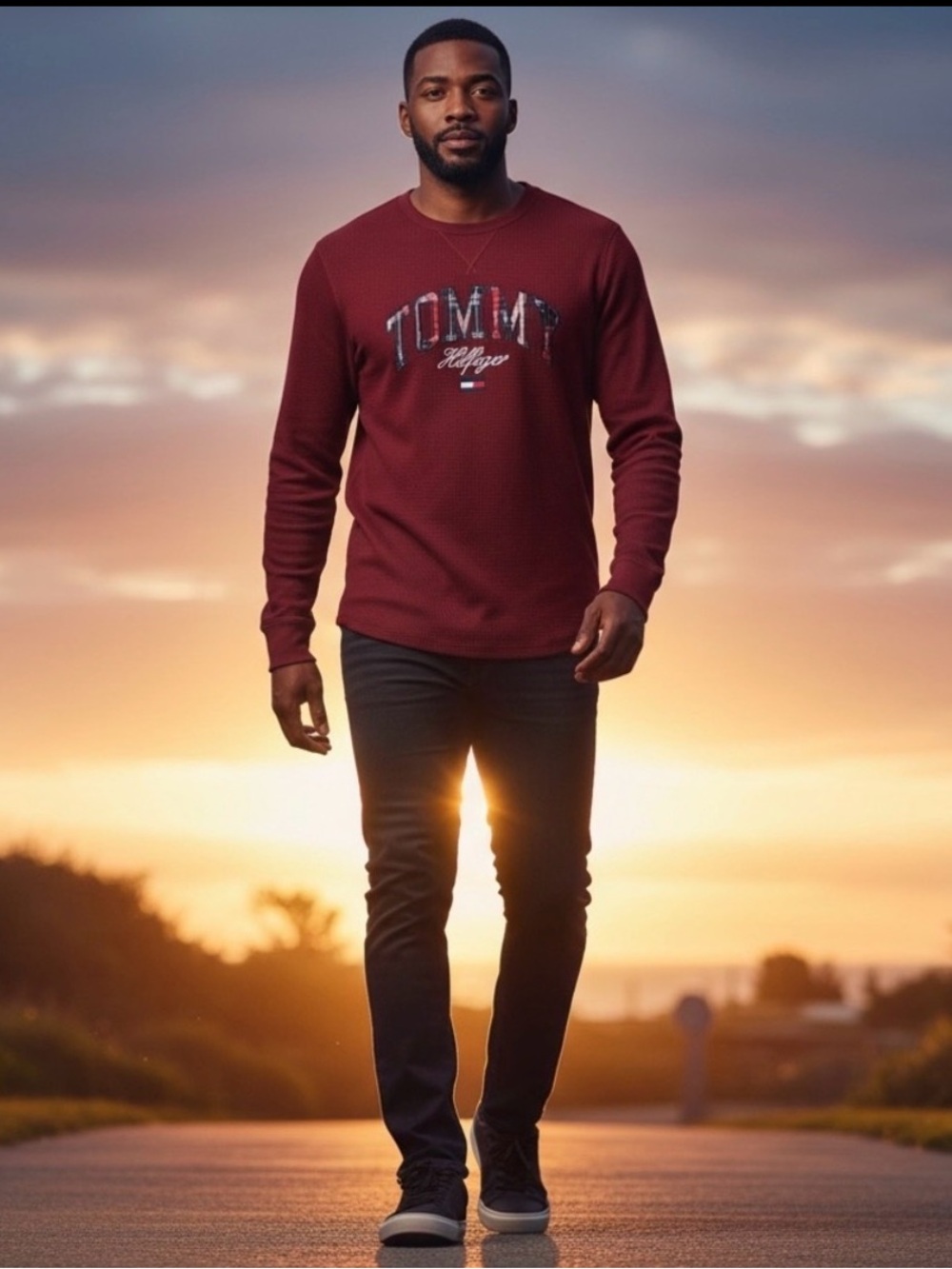 Tommy Hilfiger Waffle Knit Long Sleeve Shirt Men’s Medium Burgundy Plaid Logo